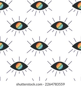 Vector flat hand drawn seamless pattern with all seeing eye. Flat vector hippy boho illustration. Hand drawn retro groovy elements