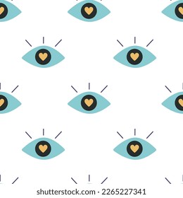 Vector flat hand drawn seamless pattern with all seeing eye. Flat vector hippy boho illustration. Hand drawn retro groovy elements