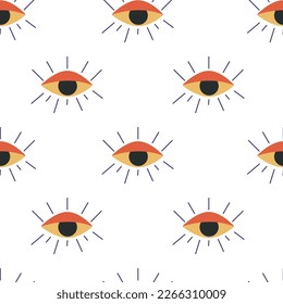 Vector flat hand drawn seamless pattern with all seeing eye. Flat vector hippy boho illustration. Hand drawn retro groovy elements