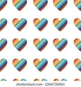 Vector flat hand drawn seamless pattern with heart shped  pride lgbt rainbow flag. Flat vector hippy boho illustration. Hand drawn retro groovy elements