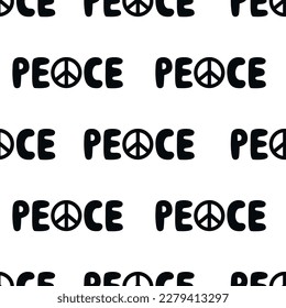 Vector flat hand drawn seamless pattern with peace lettering. Flat vector hippy boho illustration. Hand drawn retro groovy elements 