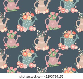 Vector flat hand drawn seamless pattern with garden watering cans and floral bouquets on dark background. Summer texture with original vases with flowers for wrapping paper and fabric