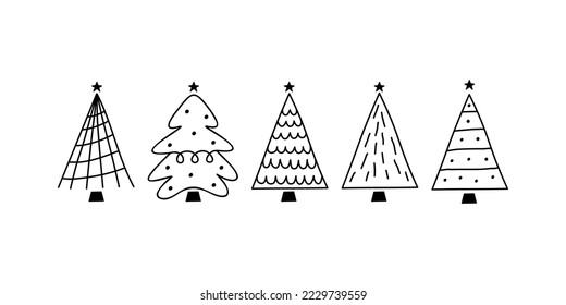 Vector flat hand drawn set of christmas illustrations. Christmas trees isolated on white background