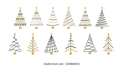 Vector flat hand drawn set of christmas illustrations. Christmas trees isolated on white background