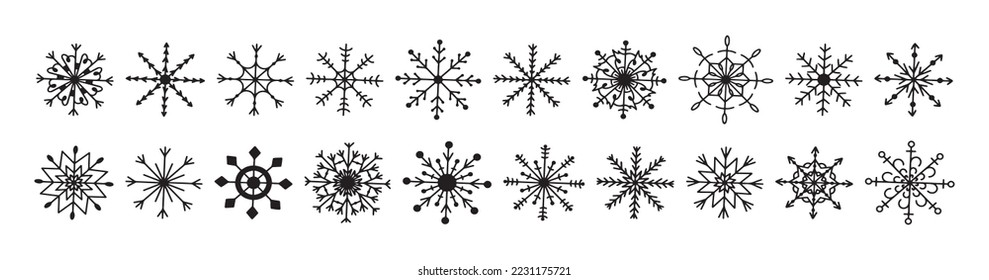 Conjunto de ilustraciones de navidad dibujado a mano plana con vectores. Copos de nieve aislados en el fondo blanco