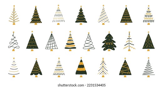 Vector flat hand drawn set of christmas illustrations. Christmas trees isolated on white background