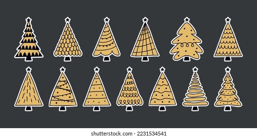 Vector flat hand drawn set of christmas stickers. Christmas trees isolated on white background