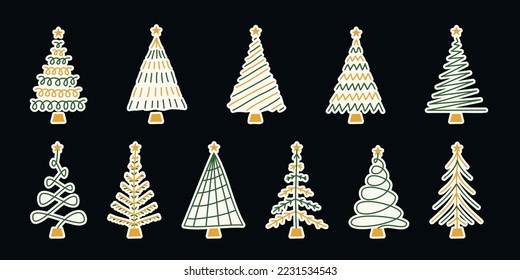 Vector flat hand drawn set of christmas stickers. Christmas trees isolated on white background