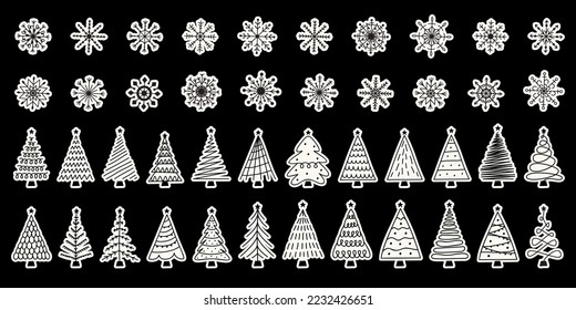 Vector flat hand drawn set of christmas stickers. Snowflakes and christmas trees isolated on white background