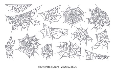 Vector flat сollection of hand drawn spider webs and cobwebs in various intricate shapes, isolated on a white background. Creepy Halloween and gothic line art elements perfect for spooky decorations, horror designs, haunted house themes, posters, invitations, greeting cards, backgrounds, borders, overlays, and seasonal graphic projects.