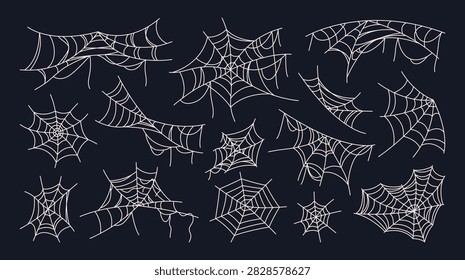 Vector flat сollection of hand drawn spider webs and cobwebs in various intricate shapes, isolated on a dark background. Creepy Halloween and gothic line art elements perfect for spooky decorations, horror designs, haunted house themes, posters, invitations, greeting cards, backgrounds, borders, overlays, and seasonal graphic projects.