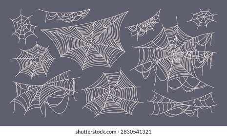Vector flat сollection of hand drawn spider webs and cobwebs in various intricate shapes, isolated on a purple background. Creepy Halloween and gothic line art elements perfect for spooky decorations, horror designs, haunted house themes, posters, invitations, greeting cards, backgrounds, borders, overlays, and seasonal graphic projects.