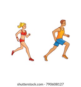 Vector flat hand drawn sportive people doing sport. Girl and man running, jogging in summer clothing. Isolated illustration on a white background.