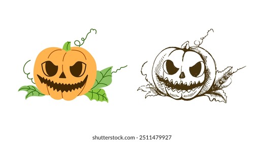 Vector  flat and hand drawn style Halloween Illustration. Hand-drawn scary pumpkin sketch isolated on white background.  Element for labels, packaging and cards design.