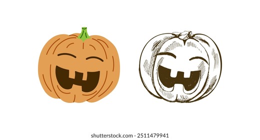 Vector  flat and hand drawn style Halloween Illustration. Hand-drawn scary pumpkin sketch isolated on white background.  Element for labels, packaging and cards design.