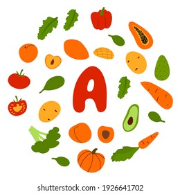 Vector flat hand drawn veggies and fruits rich in vitamin A