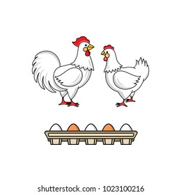 vector flat hand drawn white hen chicken, rooster, cock with red crest, eggs in cardboard box set. Isolated illustration on a white background. Farm poultry object for advertising, poster design.