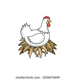 vector flat hand drawn white colored hen chicken, rooster, cock sitting in hay nest icon. Isolated illustration on a white background. Farm poultry chicken