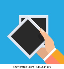 Vector flat. Hand holding more photos frames. Vector illustration