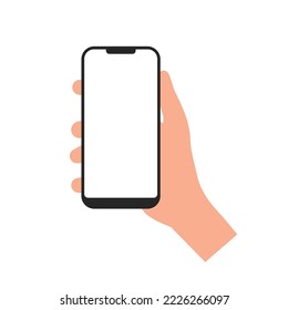 Vector de mano plana con teléfono móvil sobre fondo blanco.