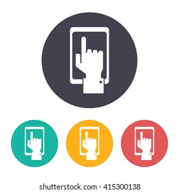 Vector flat hand of the person with the phone with set of 3 colors . Concept of communication in the network 