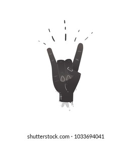 Vector flat hand showing rock and roll sign gesture by fingers. Heavy metal, hard classic punk rock music culture symbol. Isolated illustration on a white background.