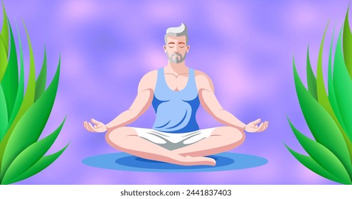 Vector flat handsome blond athletic man doing yoga in lotus position on a blurry lilac-pinkish background with green tropical plants. Spiritual practice, zen.