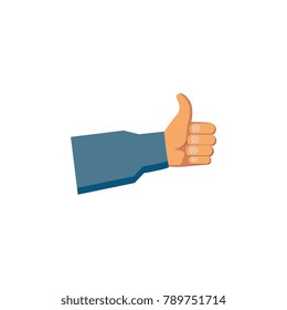 vector flat handyman worker man hand in grey blue uniform, maintenance, mechanic service employee showing thumbs up gesture sign. Isolated illustration on a white background.