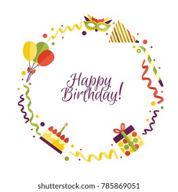 Vector flat happy birthday card template with celebration symbols icon set. Birthday cake with candle, air balloons, present box in bright wrapping, hat, mask, blower. Isolated illustration