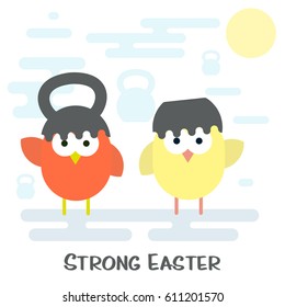 Vector flat Happy easter card with stylized kettlebell and chickens.