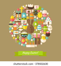 Vector Flat Happy Easter Objects Concept. Collection of Spring Holiday Colorful Objects. Set of Christian Religion Items. 