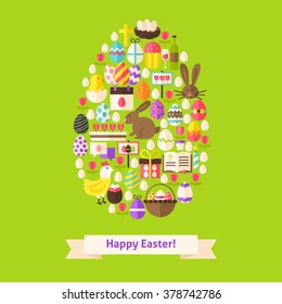 Vector Flat Happy Easter Objects Concept Egg Shaped. Collection of Spring Holiday Colorful Objects. Set of Christian Religion Items. 
