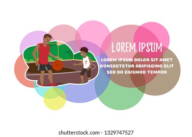 Vector Flat Happy Family Leads Active Lifestyle. Dad Playing with Son Outside in Park. Father Teaches Son Play Basketballin Red Tshirt Throws Ball Son Happy Spend Time Together Weekend Sports Games.
