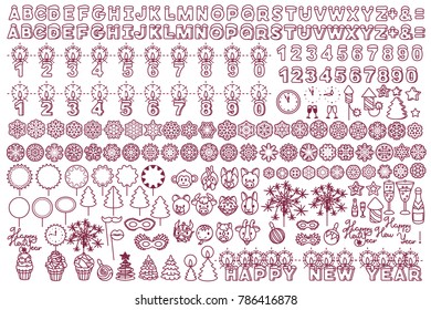 vector Flat Happy New Year holiday set. Cute cartoon characters. Christmas decorative elements. Festive xmas snowflakes collection. Chinese animals horoscope. Black and white Isolated on 
transparent