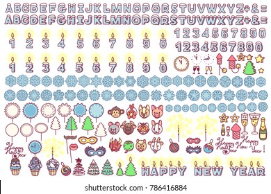 vector Flat Happy New Year holiday set. Cute cartoon characters. Christmas decorative elements. Festive xmas snowflakes collection. Chinese animals horoscope. Isolated on transparent background.