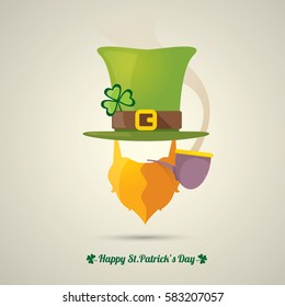 vector flat happy saint patricks day label with leprechaun, green hat, red beard and smoking pipe. saint patrick day poster or banner design template