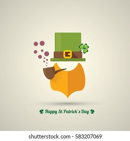 vector flat happy saint patricks day label with leprechaun, green hat, red beard and smoking pipe. saint patrick day poster or banner design template