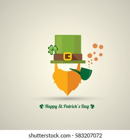 vector flat happy saint patricks day label with leprechaun, green hat, red beard and smoking pipe. saint patrick day poster or banner design template