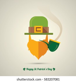 vector flat happy saint patricks day label with leprechaun, green hat, red beard and smoking pipe. saint patrick day poster or banner design template