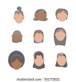 Vector flat head set with hairstyle. Woman set. Gray-haired.