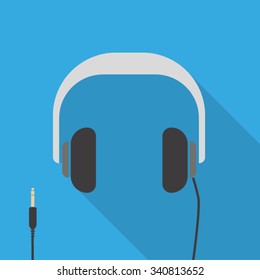 Vector Flat Headphones Icon with Jack Cable.