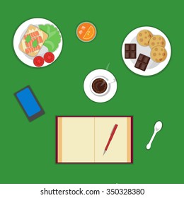Vector flat healthy breakfast, lunch, top view. Sandwich with butter, salmon, tomato and lettuce, coffee, homemade cookies, orange juice, pieces of chocolate, copybook, pen,  phone on green background