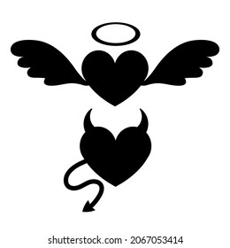 Vector flat heart with angel wings nimbus and devil horns tail silhouette isolated on white background