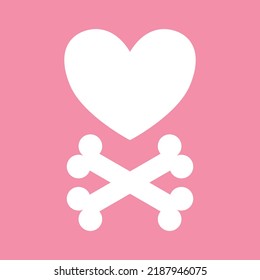 Vektorflaches Herz und gekreuzte Knochen einzeln auf rosafarbenem Hintergrund