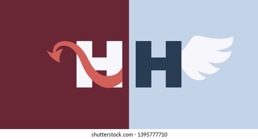 Vector Flat Heaven And Hell Logo. A Red Tailed Character On Red Opposite White Winged Character On Blue. Concept Of Religious Symbol, Angel And Demon Standoff.