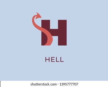 Vector Flat Hell Logo. A Red Tail In Form Of Flame On Dark 