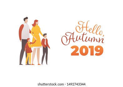 Vector flat hello autumn banner template. Cozy family modern style characters in autumn cloth and text isolated on white background. Design element for poster, advertisment, web, ui, landing page