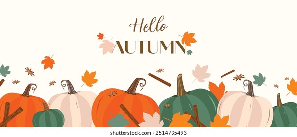 Vector flat Hello Autumn Holidays Banner design Flat style pumpkin leaves cinnamon vanilla Design Printable pumpkin texture signboard template Halloween Thanksgiving Holiday and Pumpkin Concept Design