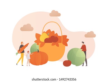 Vector flat hello autumn illustration. Cozy family modern style characters in autumn cloth with harvest basket of vegetables isolated on white. Design element for banner, poster, advertisment, web