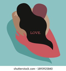 vector flat highly stylized illustration of two people hugging in a non standard color palette. the illustration can be used as a postcard for Valentine's Day or International Hug Day.